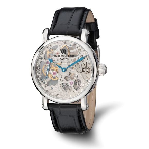 Charles Hubert Mens Stnlss Stl Black Leather Strap Skeleton Dial Watch